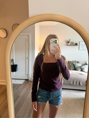 Express Square Neck Long Sleeve Top - Plum